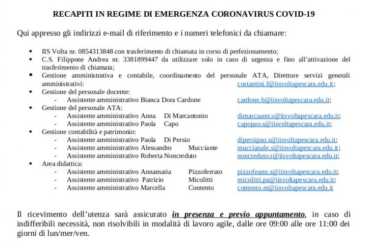 RECAPITI IN REGIME DI EMERGENZA CORONAVIRUS COVID