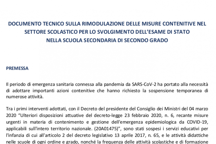 DOCUMENTO TECNICO MISURE CONTENITIVE SVOLGIMENTO ESAME DI STATO